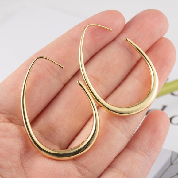 14K Gold Plated Lightweight Statement Large Oval Hoop Trendy Earrings for Women - Picture 4 of 6